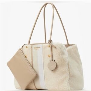 Kate Spade New York Everything Racing Stripe Faux Shearling Large Cream Tote Bag